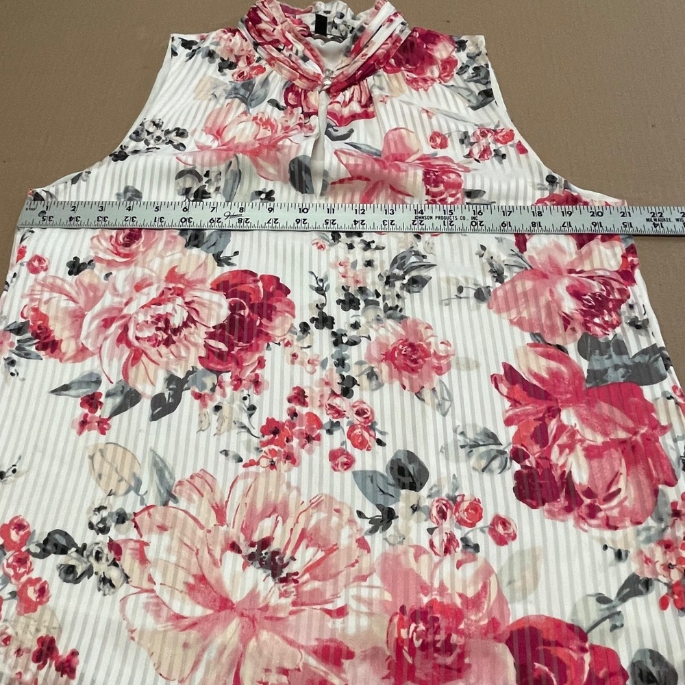White House Black Market Sz 12 Striped Rose Keyhole Mock Neck Sleeveless Blouse - Picture 7 of 14